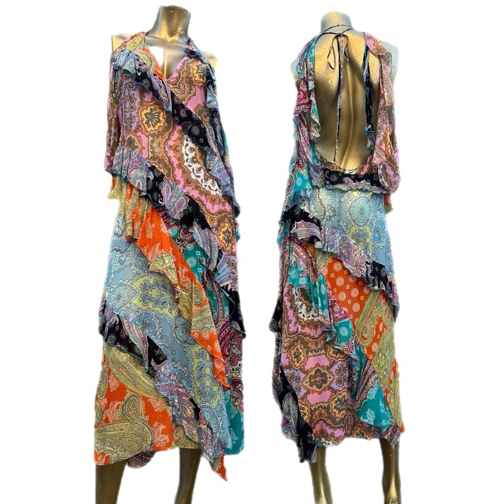 NWT Zara Open/Low back Tiered Ruffle Colorful Paisley Midi Boho Dress, viscose S